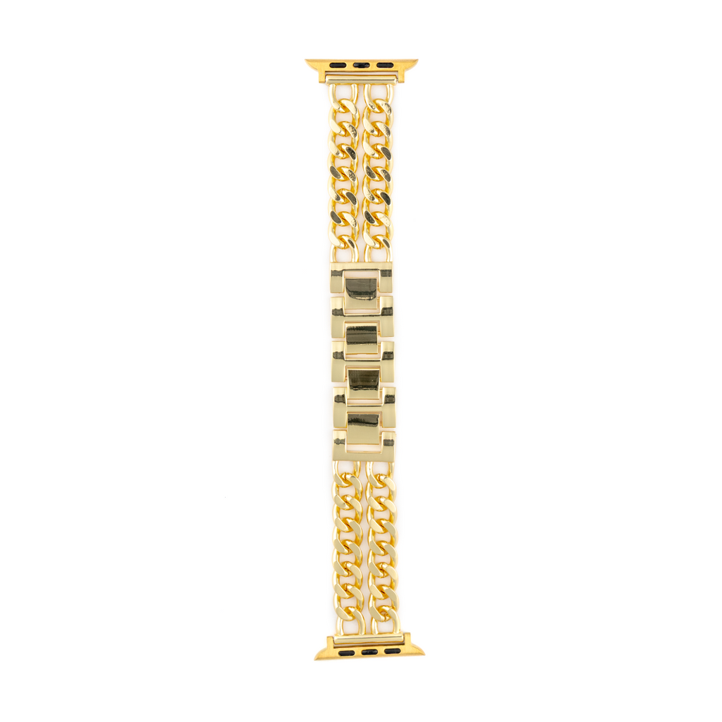 Gold Géminis Doble Cubana Apple Watch bracelet in stainless steel, displaying luxurious and contemporary chain links.