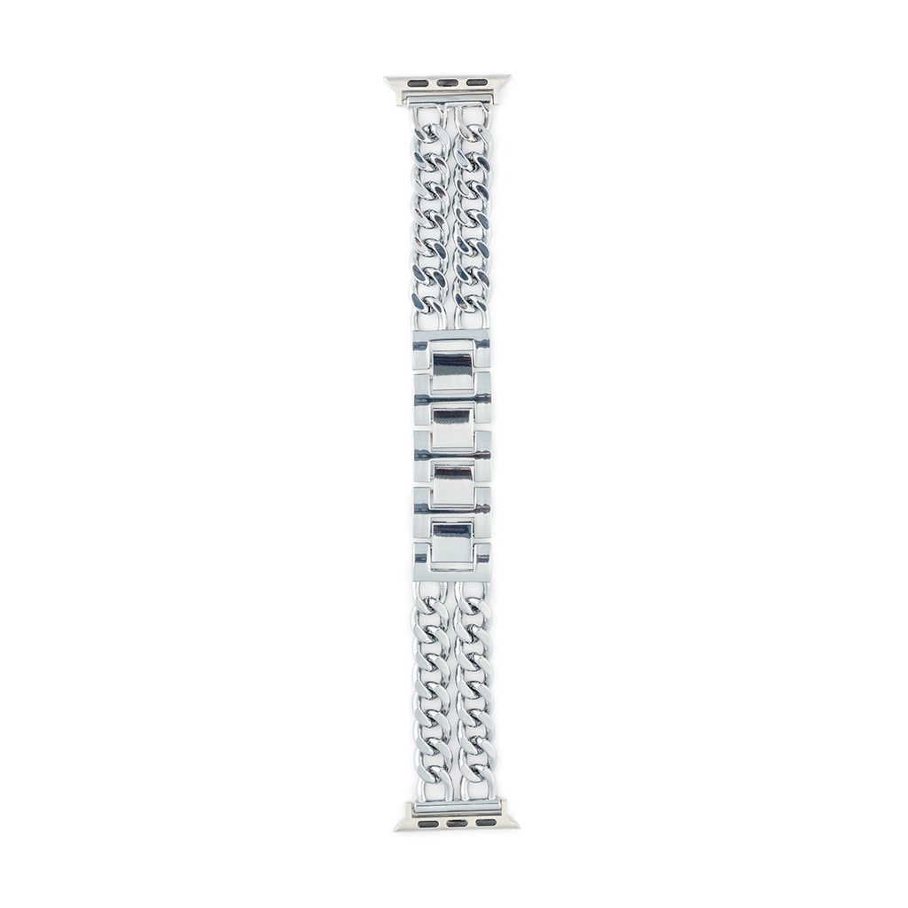 Silver Géminis Doble Cubana Apple Watch bracelet in stainless steel, showcasing stylish and intricate chain links.