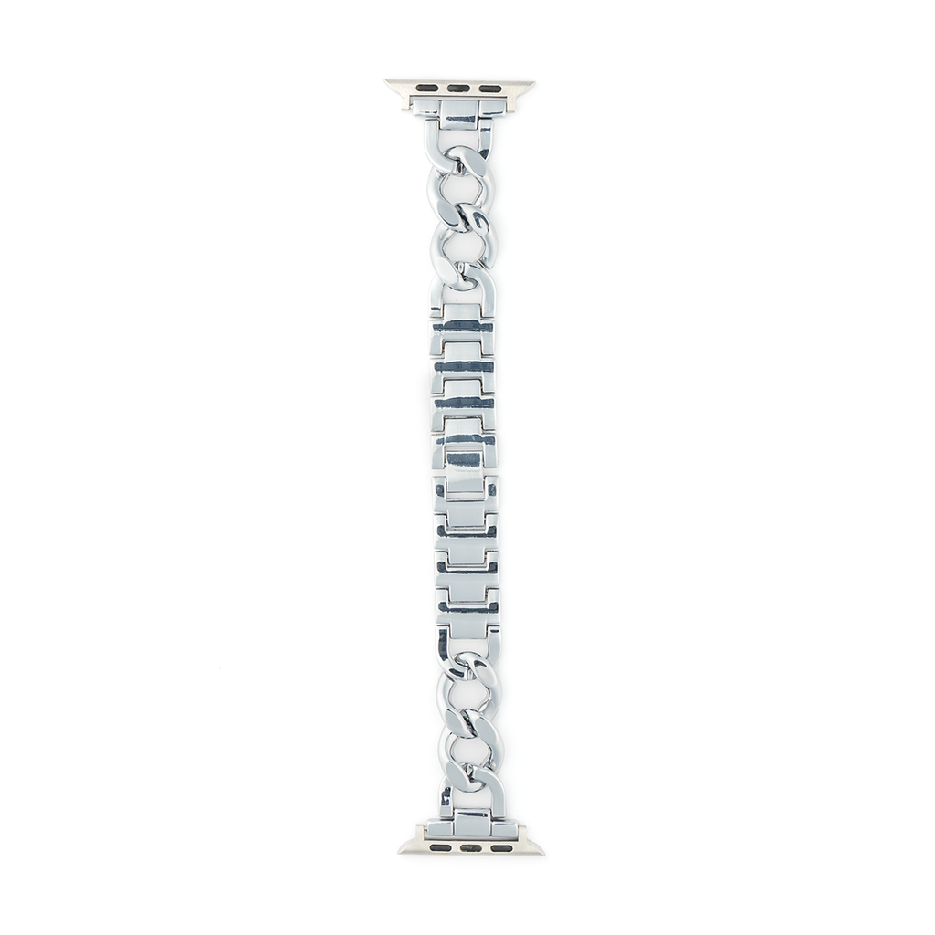 Silver stainless steel bracelet for Apple Watch, compatible with 38-41mm and 42-45mm sizes, elegant and durable design.