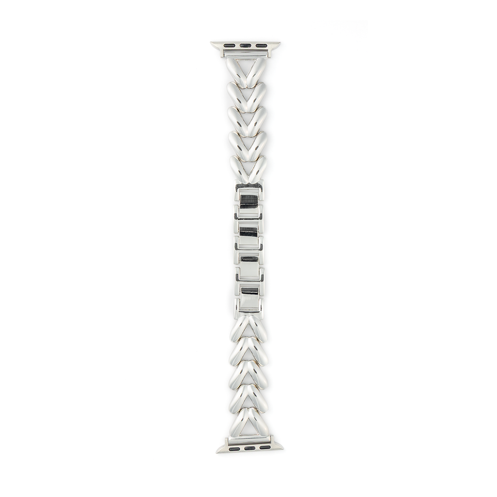 Silver Sirena Apple Watch bracelet in stainless steel, showcasing a sophisticated twisted-link design, suitable for 38-41mm and 42-45mm sizes.